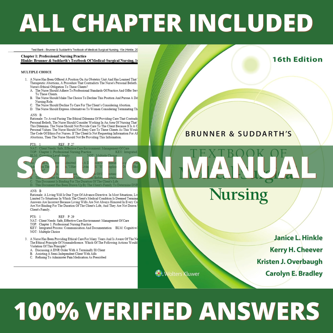 Test Bank for Brunner and Suddarth's Textbook of Medical-Surgical Nursing, 16th Edition by Hinkle, Cheever