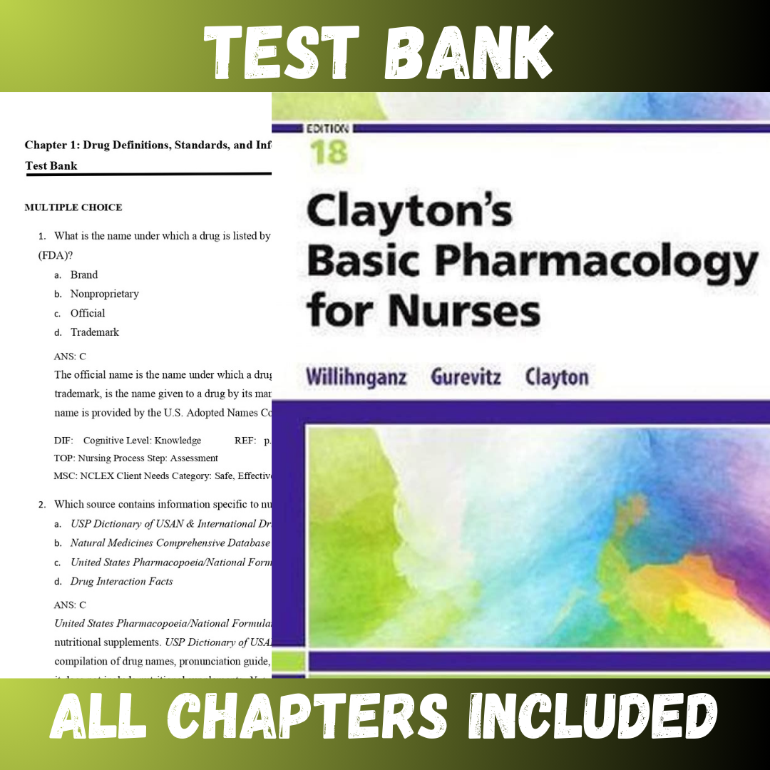 Test Bank - Clayton's Basic Pharmacology for Nurses 18th Edition by Willihnganz