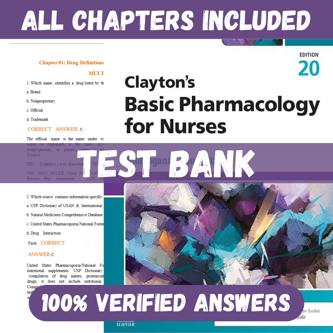 Test Bank for Clayton’s Basic Pharmacology for Nurses 20th Edition by Willihnganz