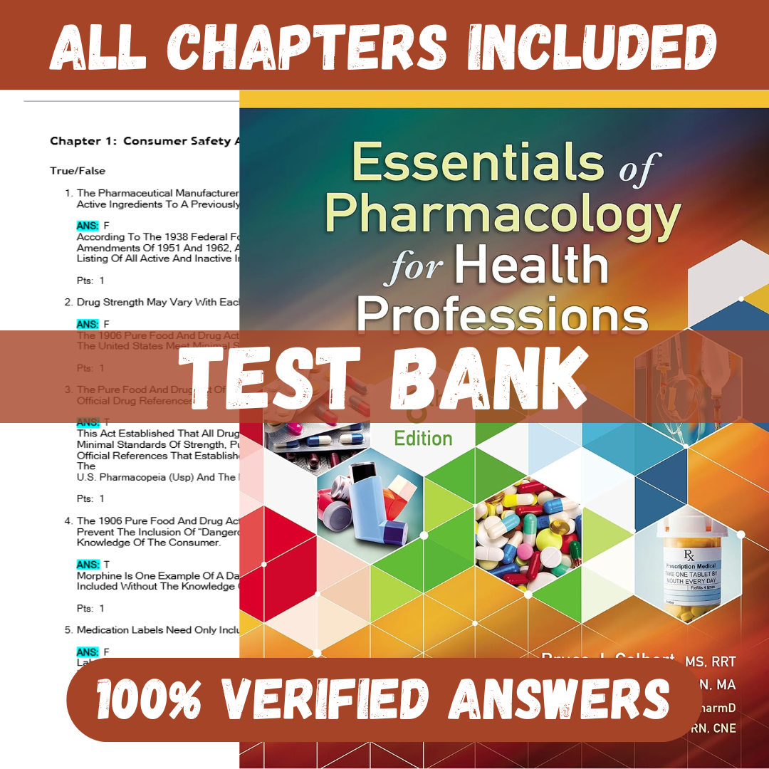 Test Bank for Essentials of Pharmacology for Health Professions 8th Edition by Colbert