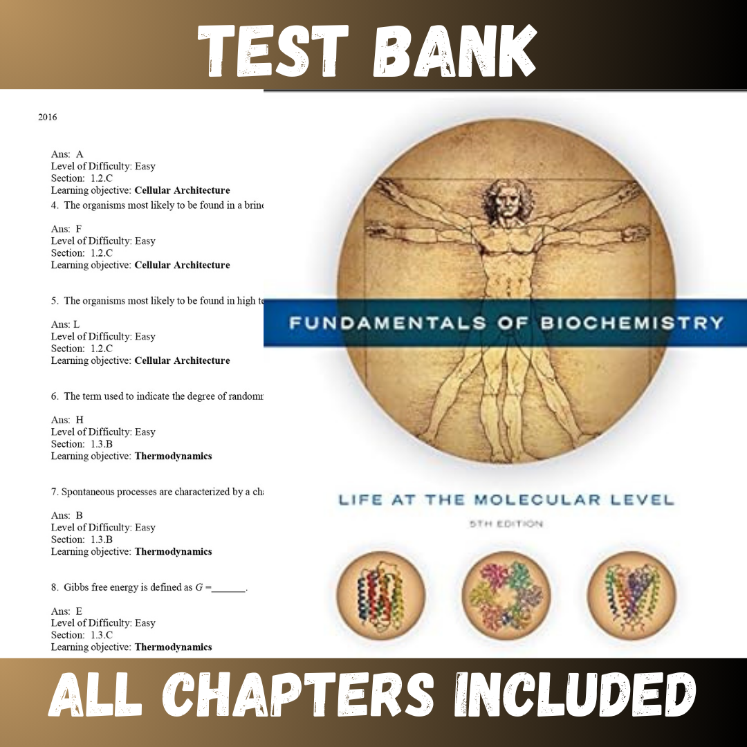 Test Bank - Fundamentals of Biochemistry Life at the Molecular Level 5th Edition by Voet