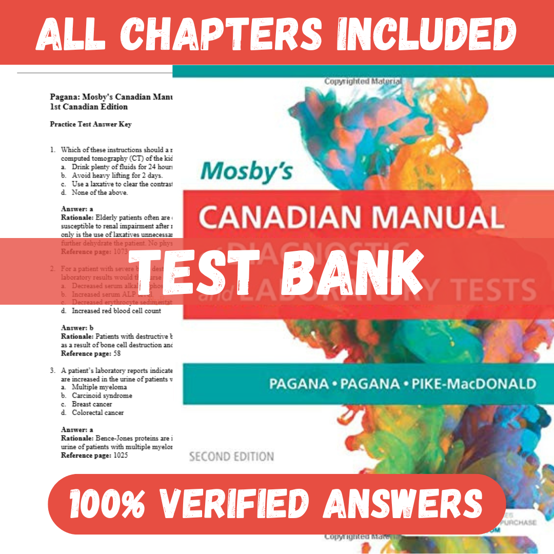 Test Bank for Mosby's Canadian Manual of Diagnostic and Laboratory Tests 2nd Edition by Pagana