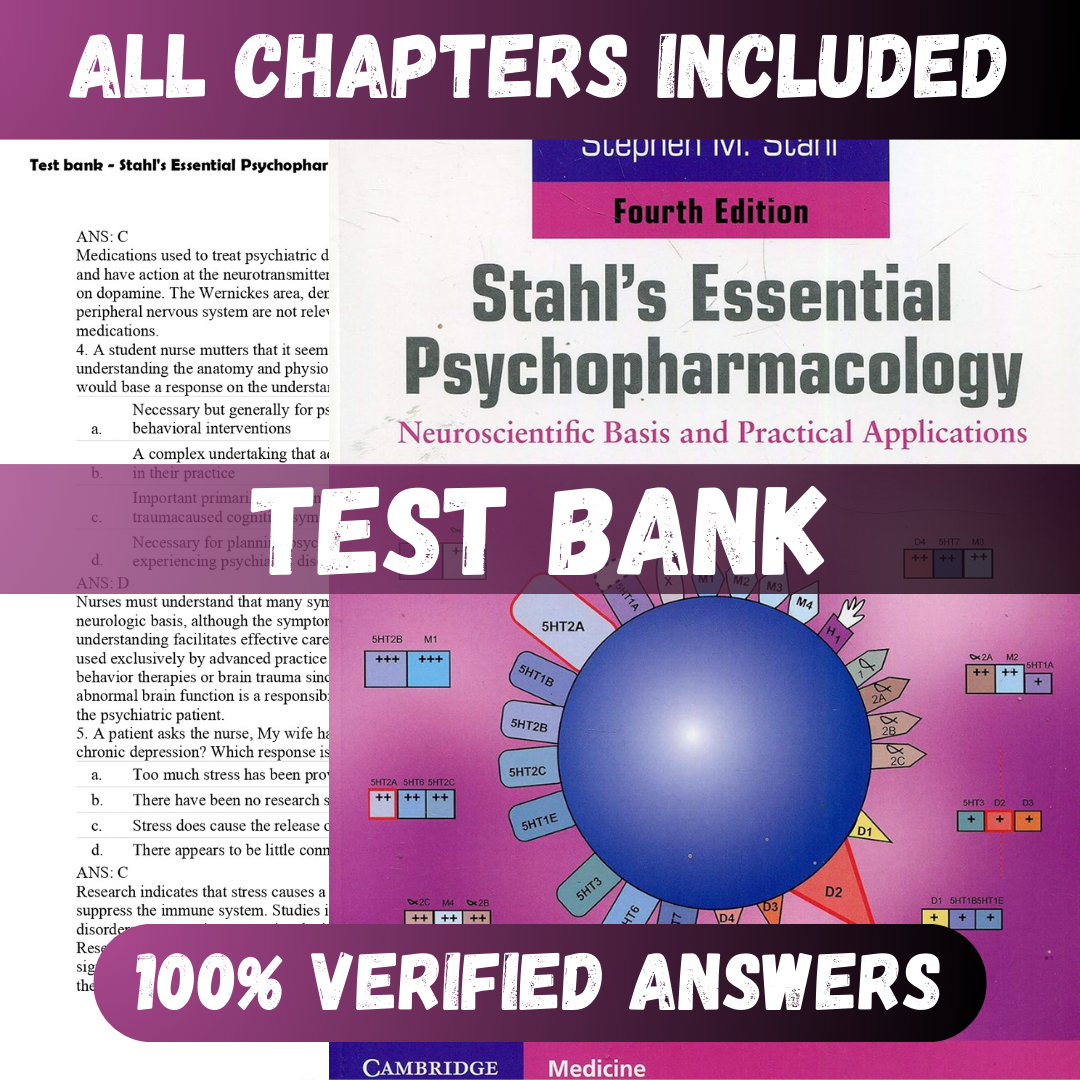 Test Bank Stahl's Essential Psychopharmacology Neuroscientific Basis and Practical Applications 4th Edition (Stah, 2021)