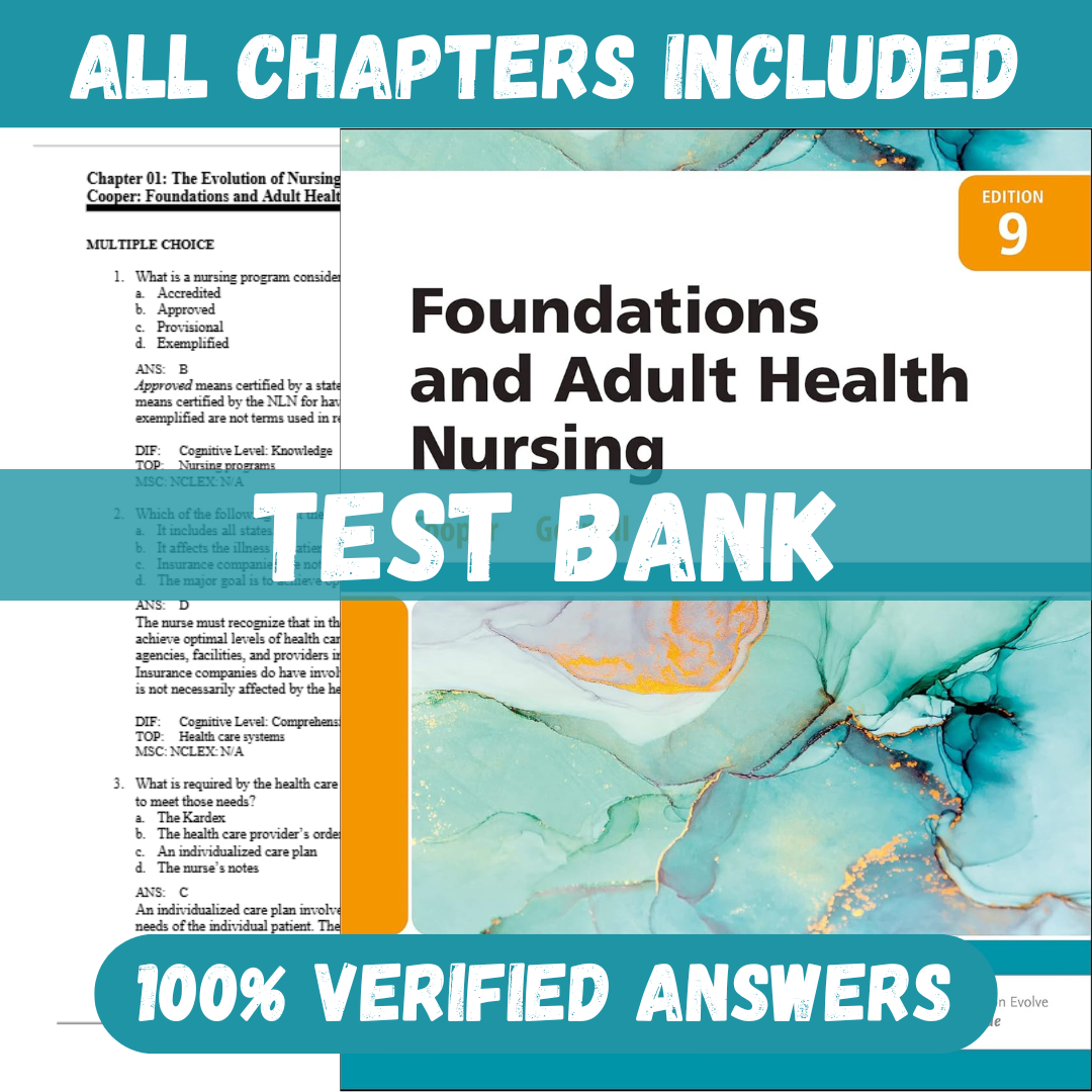 Test bank for Foundations and Adult Health Nursing, 9th Edition by Kim cooper, gosnell
